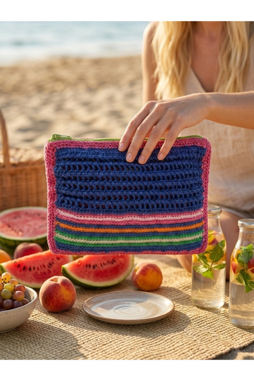 Kadın Pembe Clutch El Yapımı Fermuarlı Çanta