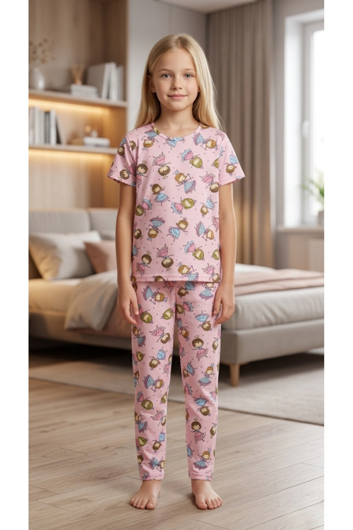 Kız Çocuk Pembe Pamuklu Prense Desenli Yazlık Pijama Takımı