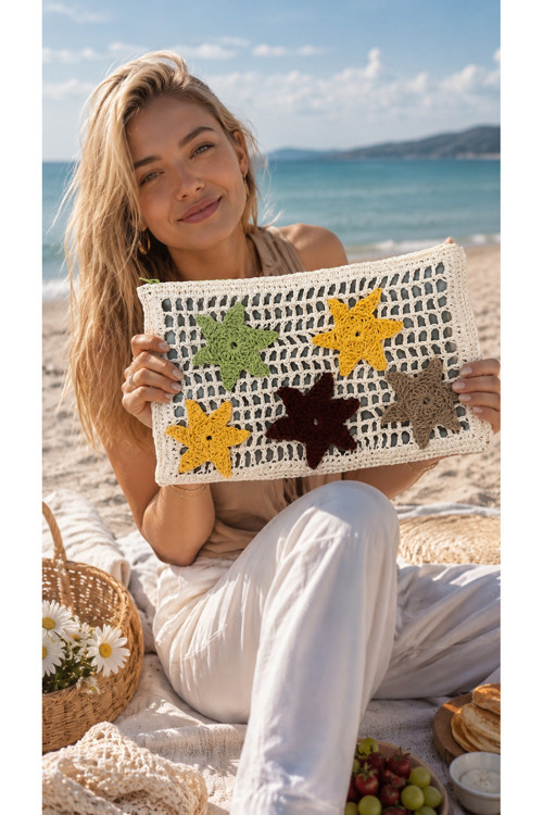 Kadın Beyaz Hasır Clutch El Yapımı Fermuarlı Çanta-Astarlı
