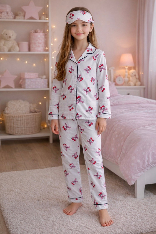 Kız Çocuk %100 Pamuk Kiraz Desenli Uzun Kollu Pijama Takımı + Göz Bandı