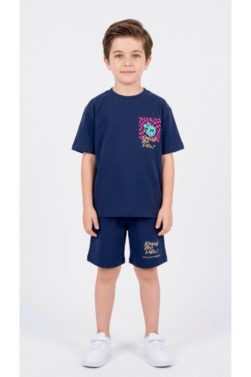 Erkek Çocuk Lacivert Pamuklu Kısa Kollu Yazı Baskılı T-Shirt ve Şort İkili Takım