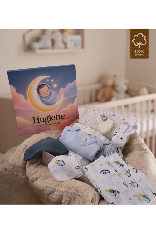 Nova - Premium Yenidoğan Erkek Bebek Seti – Amigurumi + Müslin Örtü + 2’li Zıbın – Baby Box