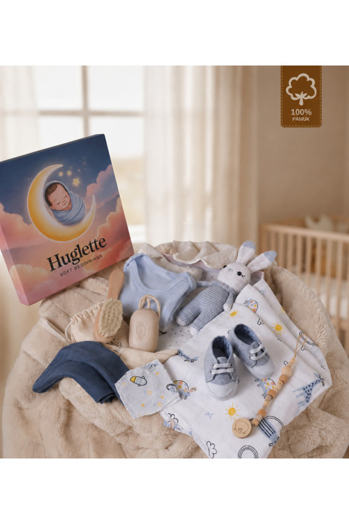 Liva - Yenidoğan Erkek Bebek Hediye Seti– Müslin Örtü, Zıbın Seti, Amigurumi, Bebek Ayakkabısı, Sabun Fırça Seti