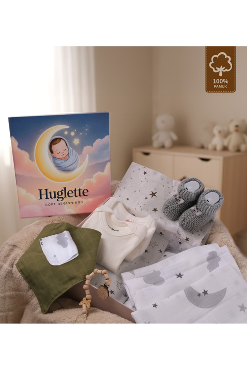Hera - Yenidoğan Unisex Hediye Seti – Müslin Örtü + Body + Patik + Emzik Tutucu – Baby Gift