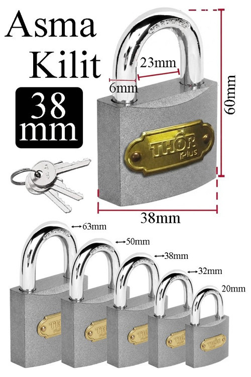 Orta Boy Asma Kilit 38 mm 1 Adet Thor Plus Paslanmaz Metal Asma Kilit Dayanıklı Yedek Anahtarlı Zincir Kilidi Kapı Bahçe
