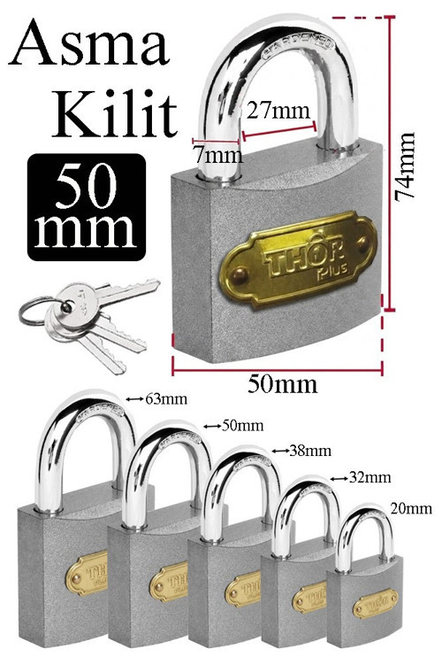Orta Boy Asma Kilit 50 mm 1 Adet Thor Plus Paslanmaz Metal Asma Kilit Dayanıklı Yedek Anahtarlı Zincir Kilidi Kapı Bahçe