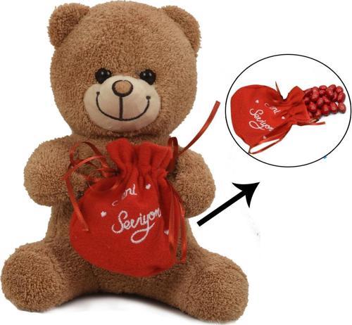 Sevgiliye Özel, Elinde BADEM Şekeri KESESİ ile Peluş BOZ Ayıcık-30 cm