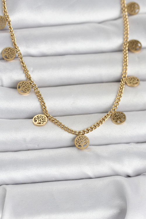 316L Çelik Gold Renk Yaşam Ağacı Model Kadın Kolye 5886