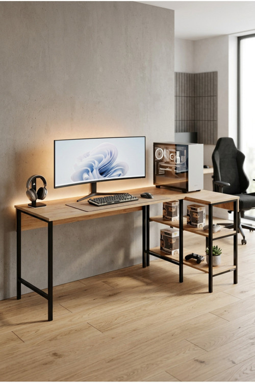 Forge Köşe Bilgisayar Masası L Tipi Çalışma Masası Raflı Gaming Setup Ofis Masası 178X90Cm Çalışma Masası