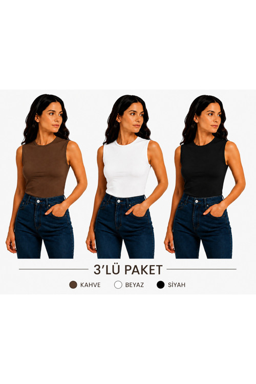 Bisiklet Yaka Sıfır Kol Viskon Örme Kumaş Kadın Body 3 Lü Paket