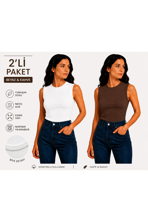 Bisiklet Yaka Sıfır Kol Viskon Örme Kumaş Kadın Body 2 Li Paket