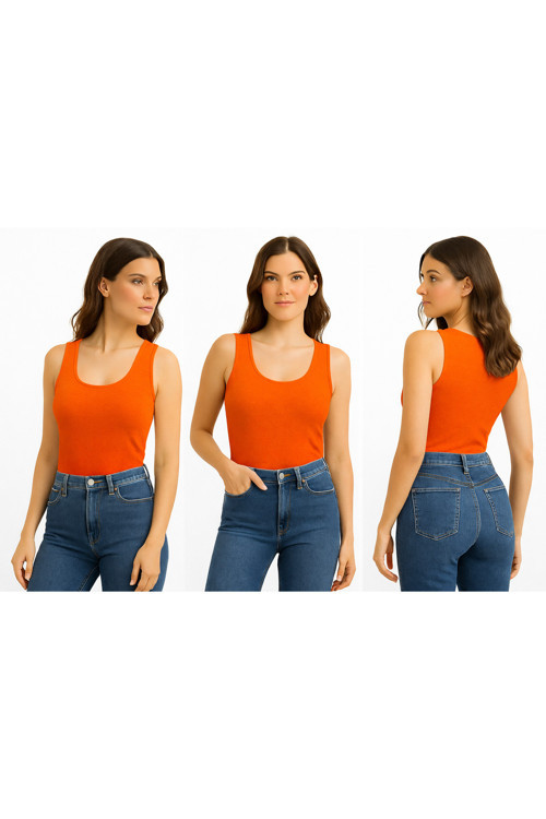 Body Geniş Bisiklet Yaka Sıfır Kol Viskon Örme Ring Kumaş Body Kadın Açık Turuncu