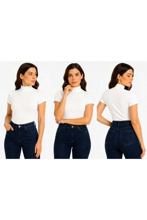 Body Yarım Balıkçı Yaka Kısa Kol Örme Kumaş Viskon Body Kadın