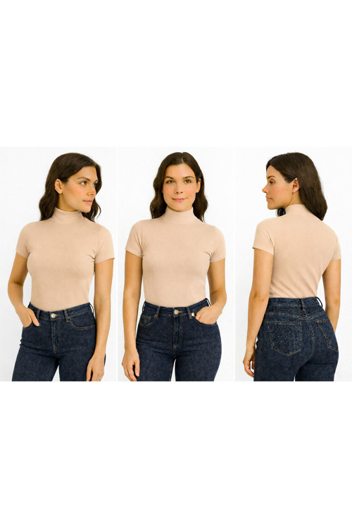 Body Yarım Balıkçı Yaka Kısa Kol Örme Kumaş Viskon Body Kadın