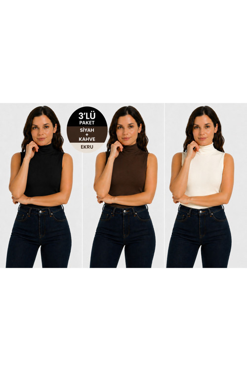 Body Yarım Yaka Kolsuz Viskon Örme Kumaş Body 3 Lü Paket