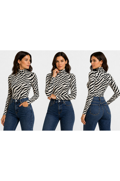 Body Zebra Desenli Balıkçı Yaka Uzun Kol Örme Kumaş Viskon Kadın Body
