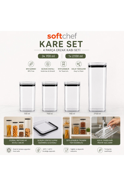 Kare Set Erzak Kabı 4 Parça BPA Free Saklama Kabı Seti 3x700 ml + 1x2100 ml