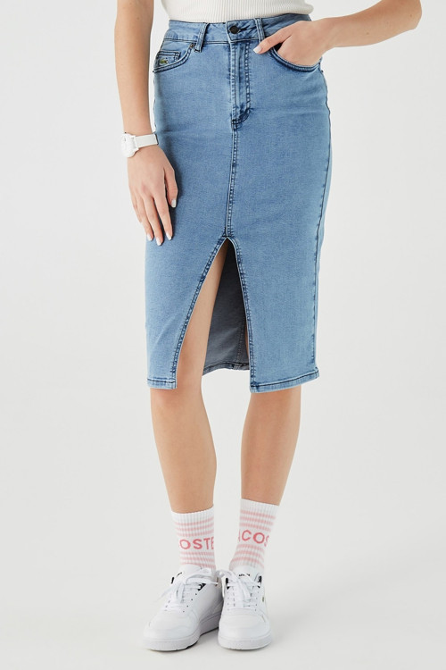 Slim Fit Womens Skirt Dar Kesim Yırtmaçlı Kadın Kot Etek Mavi