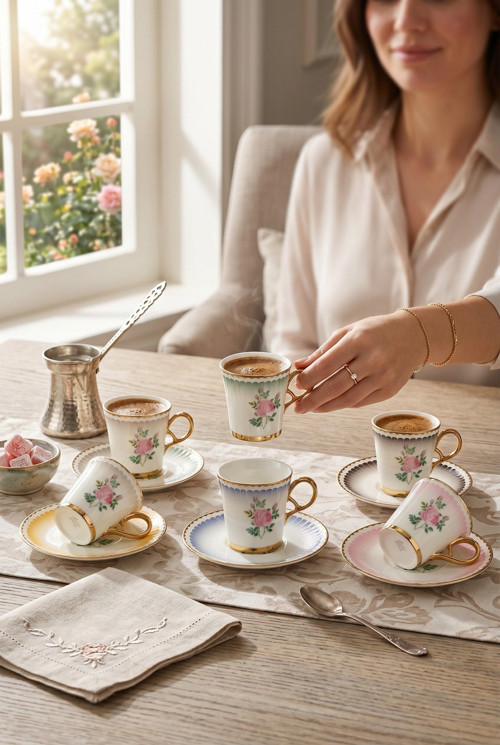 6 Kişilik Lüks Porselen Kahve Fincanı Seti Pembe Gül