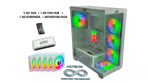 AZT15 1050W Temper Cam , RGB Switch Beyaz 5 x RGB Fan Uzakdan Kumanda Akvaryum Gamin Kasa