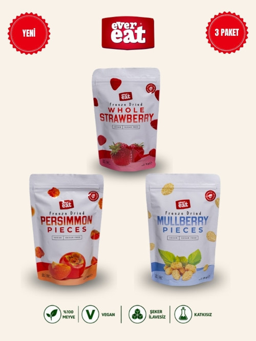 Çilek-Cennet Hurması-Dut Freeze Dry Meyve Cipsi 3'lü Paket Doğal Atıştırmalık