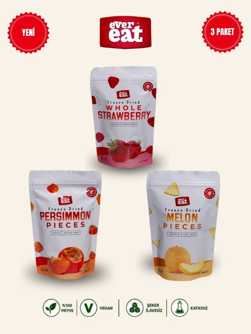 Çilek-Cennet Hurması-Kavun Freeze Dry Meyve Cipsi 3'lü Paket Doğal Atıştırmalık