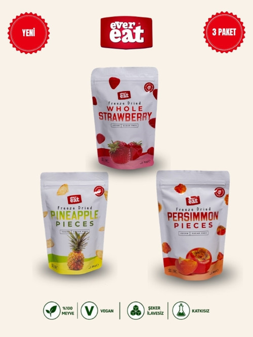 Çilek-Ananas-Cennet Hurması Freeze Dry Meyve Cipsi 3'lü Paket Doğal Atıştırmalık