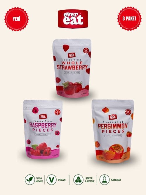 Çilek-Frambuaz-Cennet Hurması Freeze Dry Meyve Cipsi 3'lü Paket Doğal Atıştırmalık