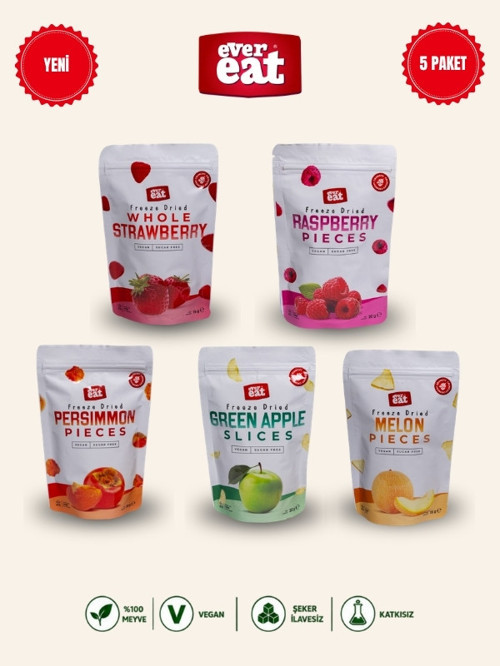 Freeze Dry Meyve Cipsi 5'li Set Çilek Frambuaz Hurma Elma Kavun Kurutulmuş Meyve