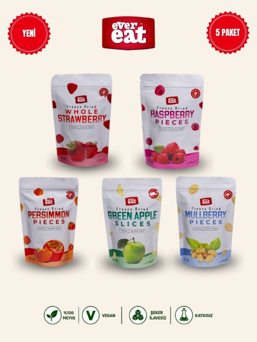 Freeze Dry Meyve Cipsi 5'li Set Çilek Frambuaz Hurma Elma Dut Kurutulmuş Meyve