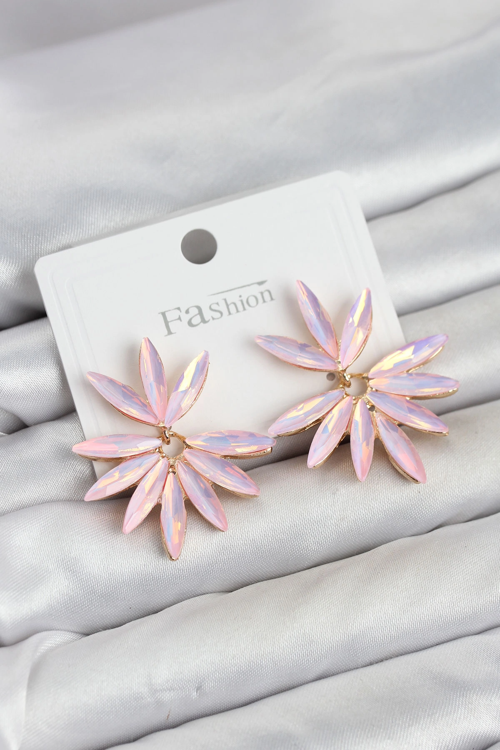 zentya4516 Mey İthalat® Pembe Renk Kristal Taşlı Lotus Model Kadın Küpe zd4526