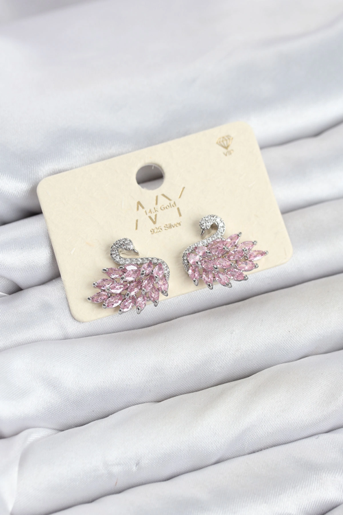 zentya4516 Mey İthalat® Pembe Zirkon Taşlı Gümüş Swan Kuğu Model Kadın Küpe zd4526