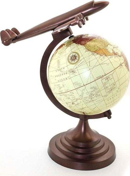 Bronz Renk Metal Uçak Detaylı Antik Dünya Küre 40Cm