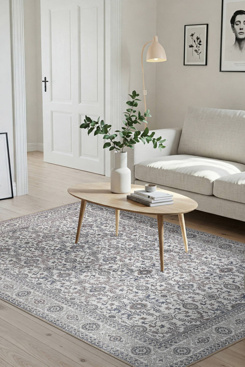 Stonart Eskitme Vintage Desenli Bej/Gri Otantik Yıkanabilir Şönil Halı AL 443