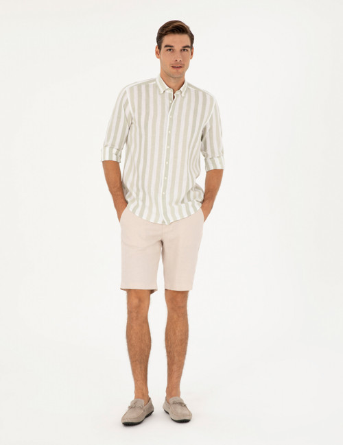 Bej Slim Fit %100 Keten Beli Lastikli Bağcıklı Dokuma Şort 50285713-VR011