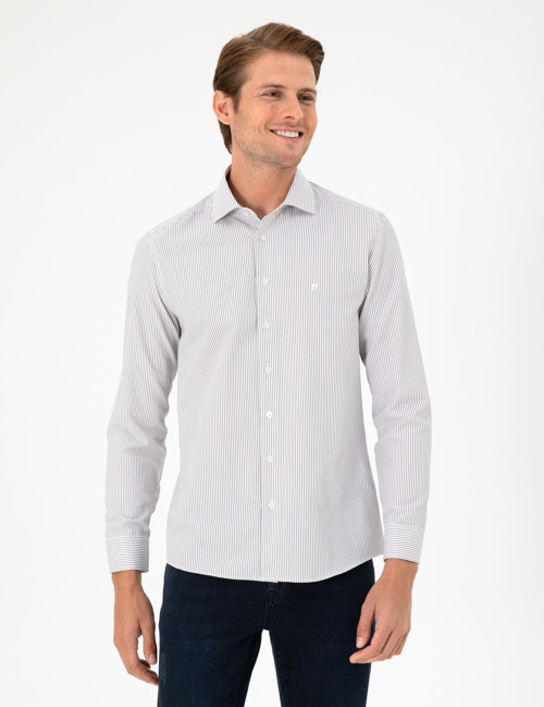 Kahverengi Çizgili Slim Fit Uzun Kollu Gömlek 50294159-VR029