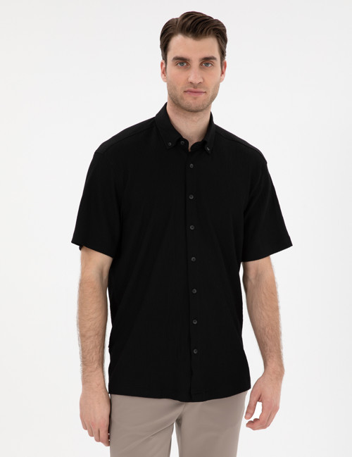 Siyah Comfort Fit Rahat Giyilebilir Kısa Kollu Gömlek 50307091-VR046