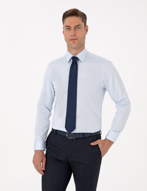 Açık Mavi %100 Pamuk Parlak Saten Slim Fit Uzun Kollu Basic Gömlek 50315407-VR003