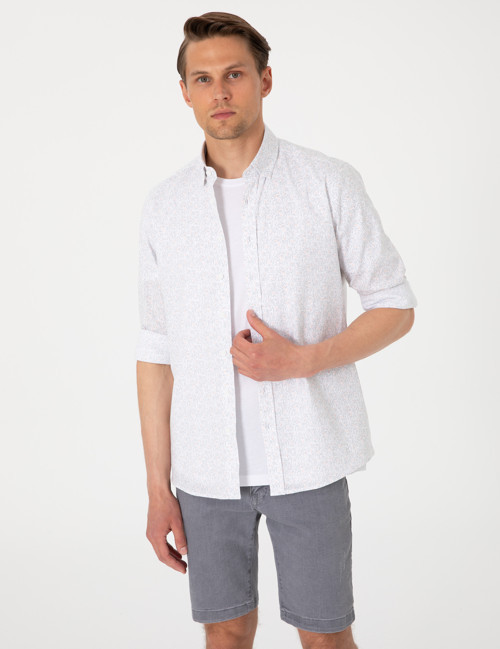 Beyaz Desen Baskılı Slim Fit Uzun Kollu Gömlek 50303451-VR053