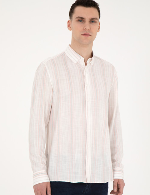Açık Pembe Keten Karışımlı Regular Fit Uzun Kollu Gömlek 50283522-VR078