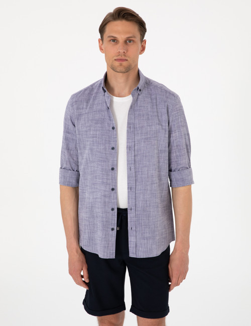 Lacivert Keten Görünümlü Slim Fit Uzun Kollu Gömlek 50307025-VR033
