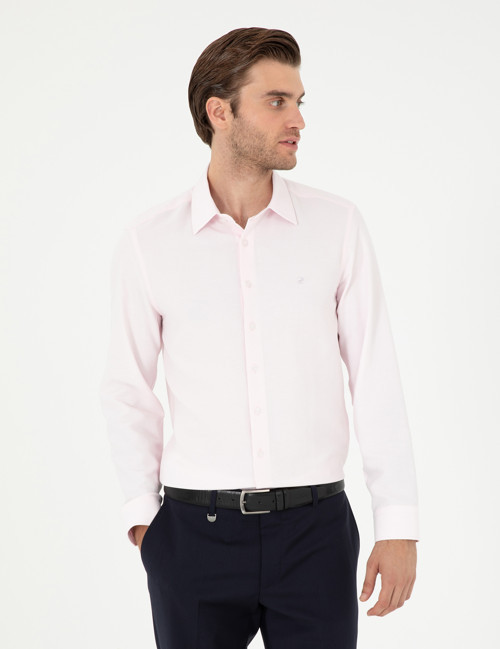 Açık Pembe Slim Fit Armürlü Uzun Kollu Gömlek 50294742-VR078
