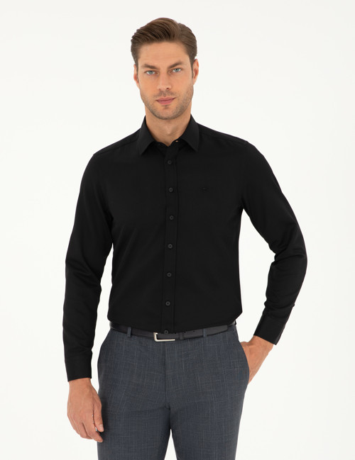 Siyah Slim Fit Armürlü Uzun Kollu Gömlek 50298071-VR046