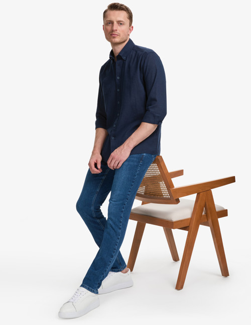 Lacivert Keten Karışımlı Regular Fit Uzun Kollu Gömlek 50320941-VR033
