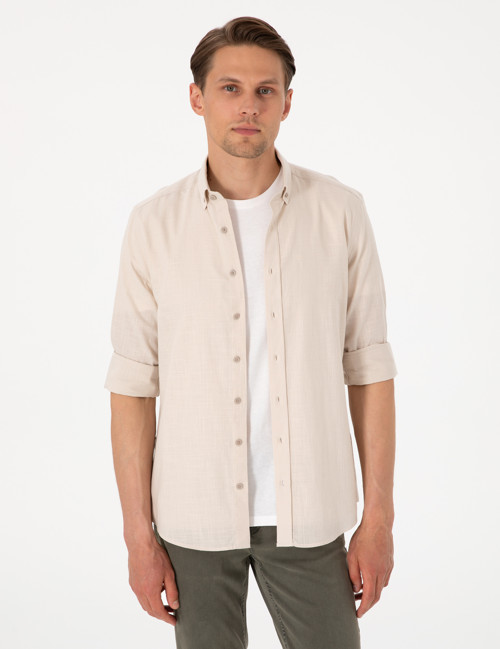 Bej Keten Görünümlü Slim Fit Uzun Kollu Gömlek 50307025-VR011