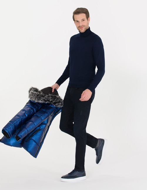 Lacivert Slim Fit Balıkçı Yaka Yün Karışımlı Basic Triko Kazak 50257302-VR033