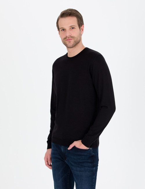 Siyah Slim Fit Bisiklet Yaka Yün Karışımlı Basic Triko Kazak 50257301-VR046