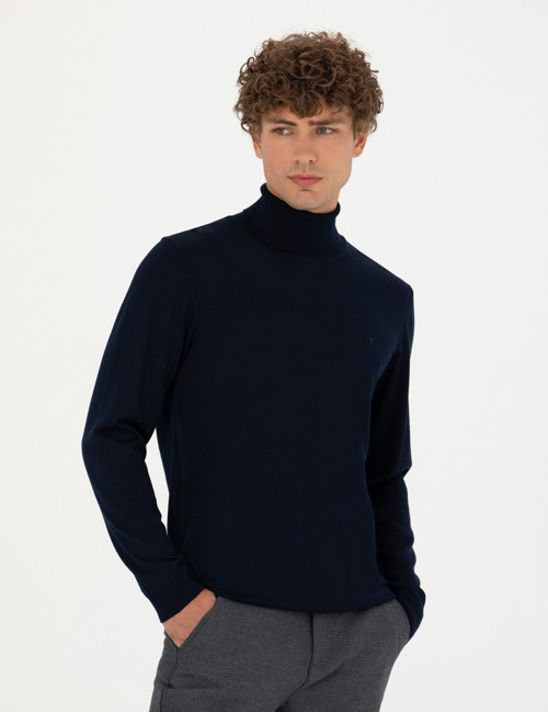Lacivert Slim Fit Balıkçı Yaka Yün Karışımlı Basic Triko Kazak 50270052-VR033