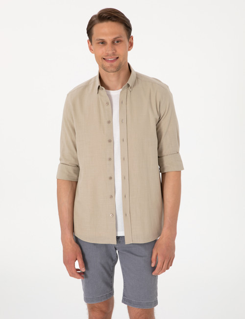 Haki Keten Görünümlü Slim Fit Uzun Kollu Gömlek 50307025-VR027