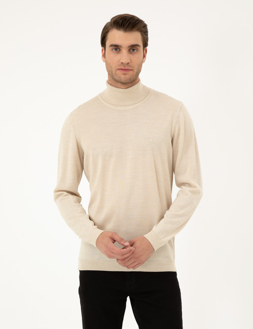 Bej Slim Fit Balıkçı Yaka Yün Karışımlı Basic Triko Kazak 50270052-VR011